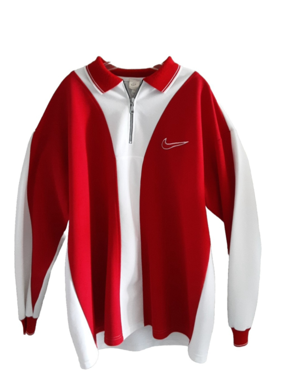 NIKE Vintage Red White Colorblock Waffle Knit Zip Front Pullover Swoosh Sz XL